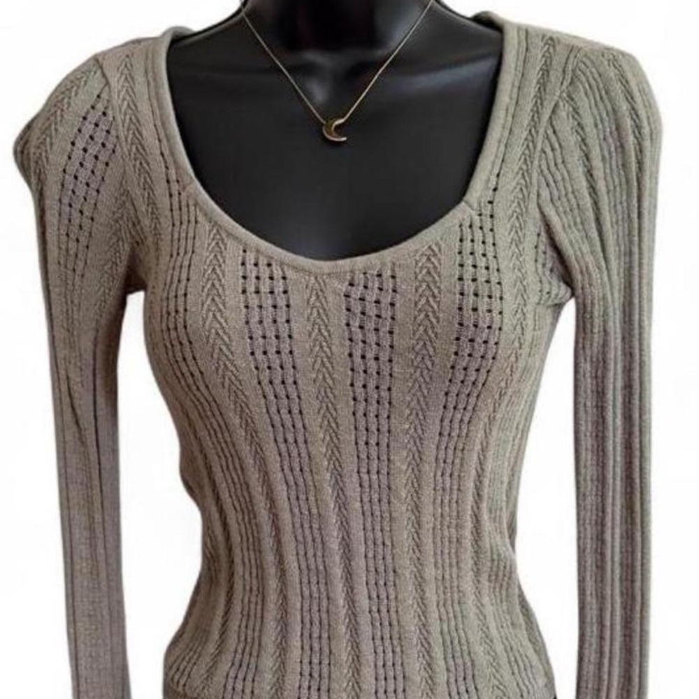 Hollister Cottagecore Pointelle Cable Knit Top Wide Scoop Neck Sage Muted Green